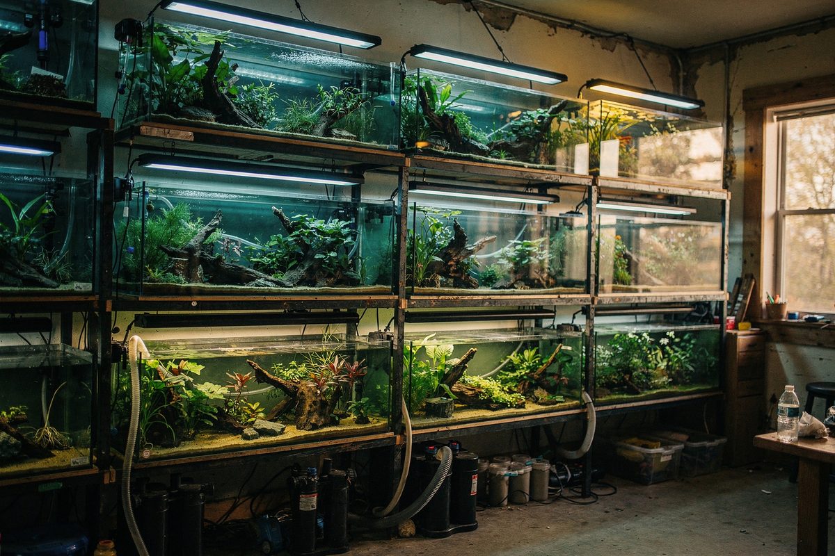 Wall of planted aquariums with filtration equipment visible