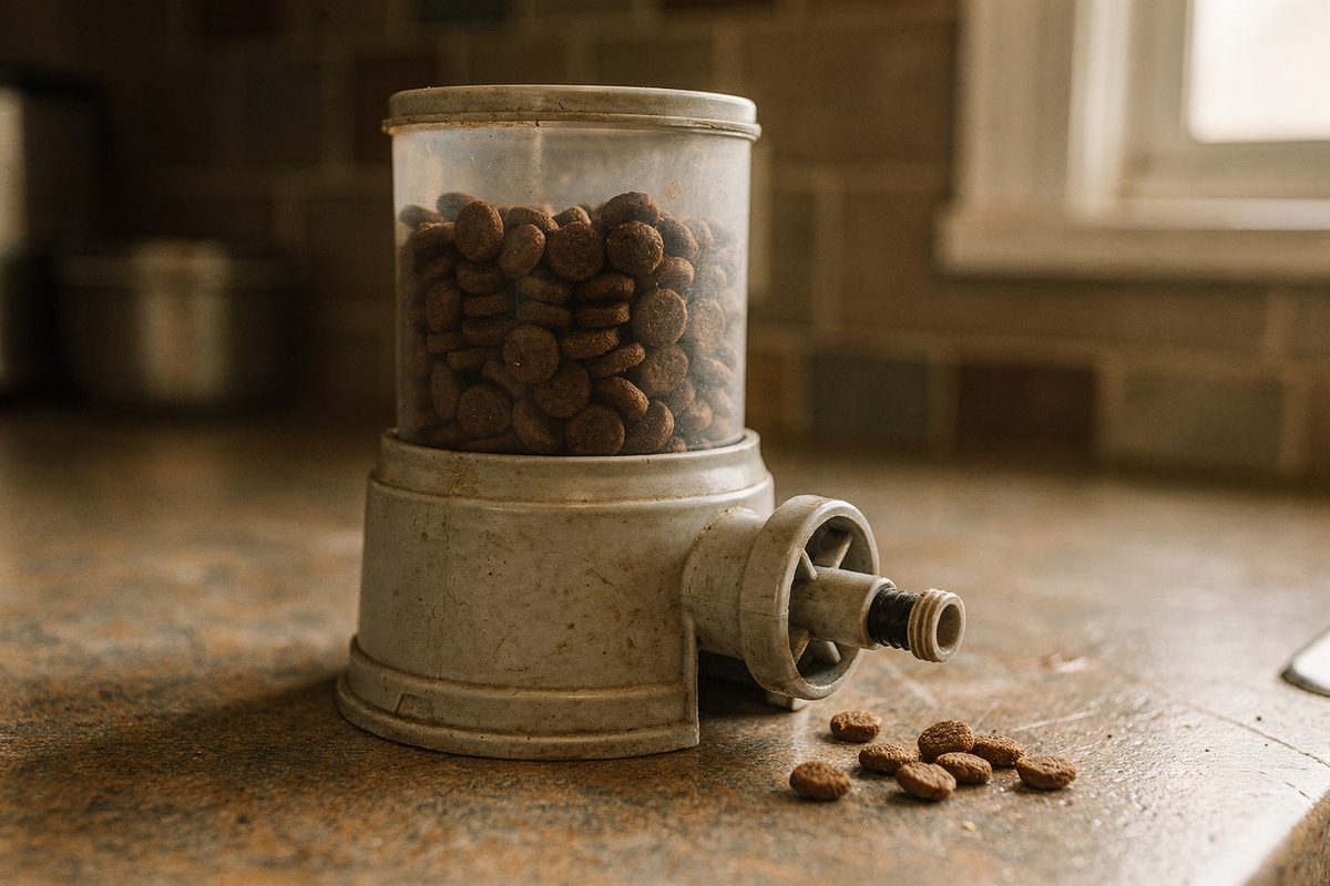 Flow valve held beside a gravity pet feeder base