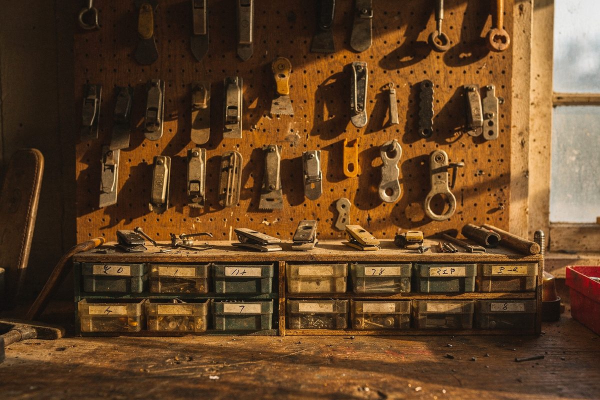 Pegboard wall of clipper blades, buckles and hardware above small parts drawers