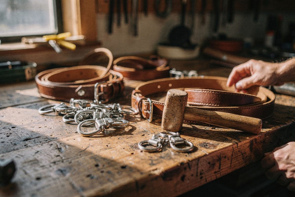Workbench covered with leashes, collars and loose hardware