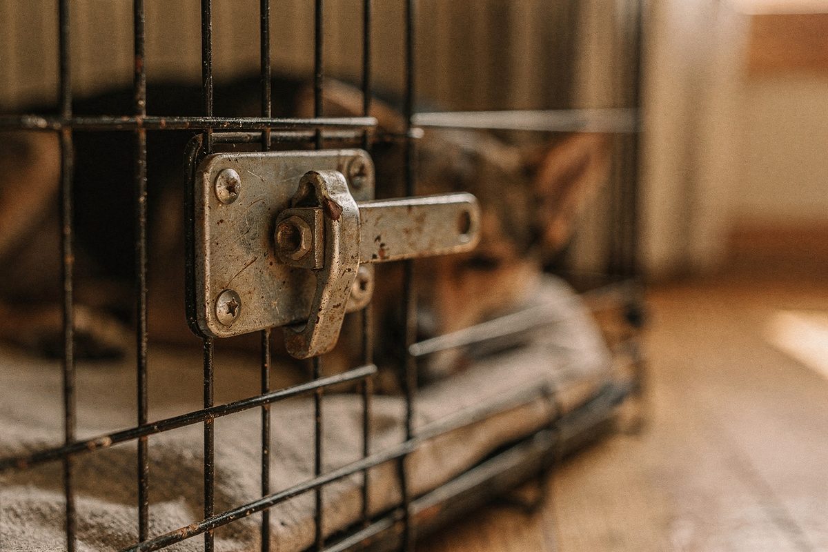 Slide-bolt latch mounted on a wire crate door